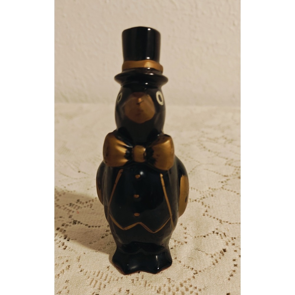 1950s Japan Redware PENGUIN IN TOP HAT PEN/PENCIL HOLDER (Black & Gold)